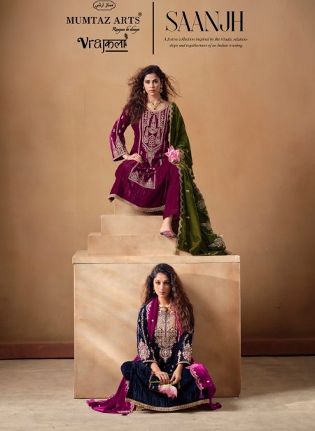 Saanjh By Mumtaz Arts Crush Velvet Embroidered Designer Salwar Suits